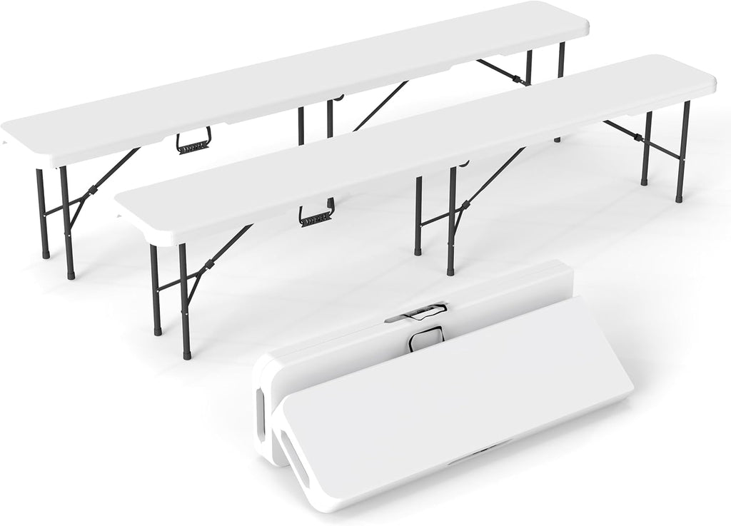 Real Relax 6 feet Plastic Folding Bench with Carrying Handle & Lock,Portable in/Outdoor Picnic Party Camping Dining Seat, Garden Soccer Multipurpose Entertaining Activities,Waterproof, 2 Pack, White