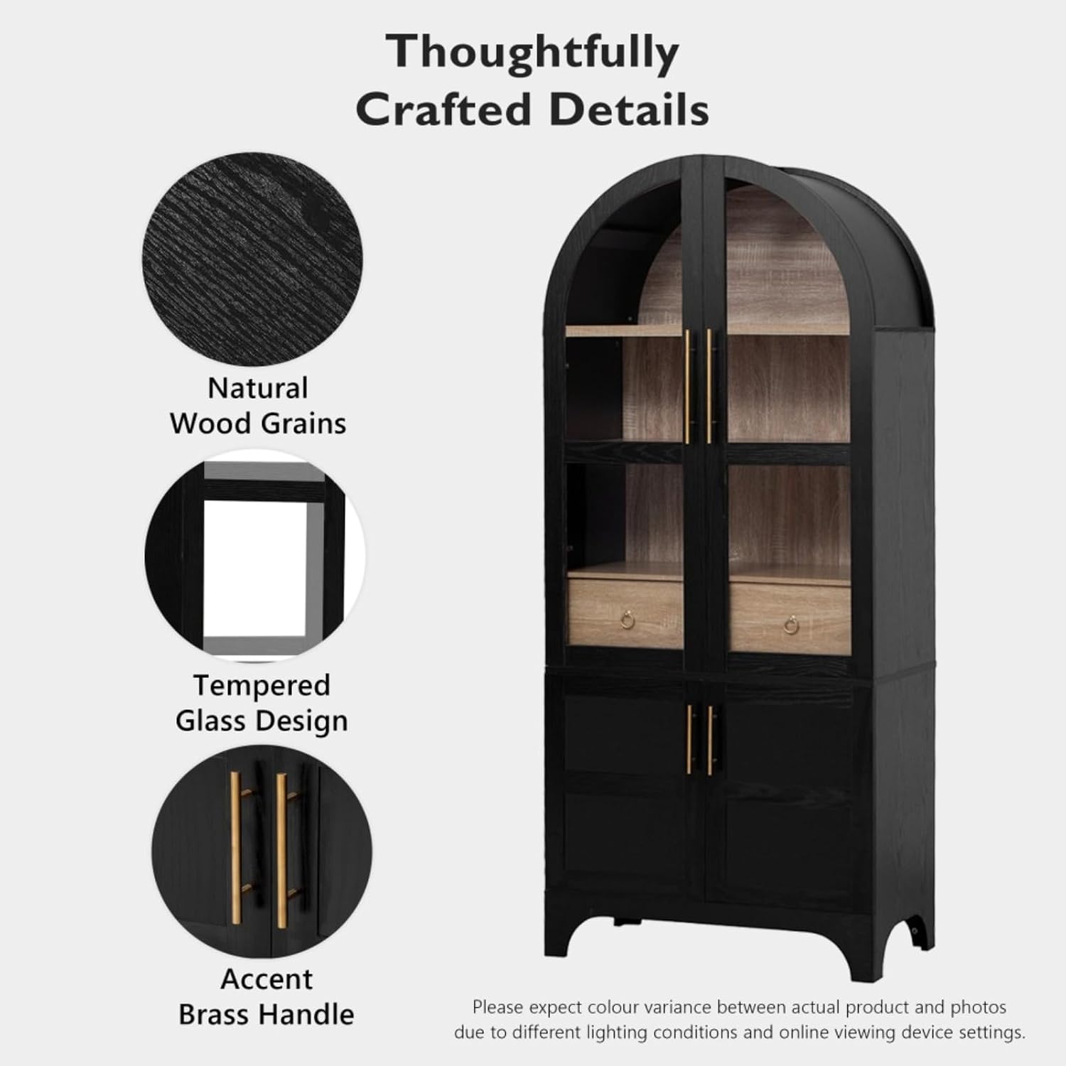 Hassyee Arched Kitchen Pantry Cabinet with Door Shelves, Farmhouse Kitchen Storage Cabinet with Open & Adjustable Shelves, Hidden Drawer & Glass Door, Cupboard for Kitchen, Dining Room (Black)