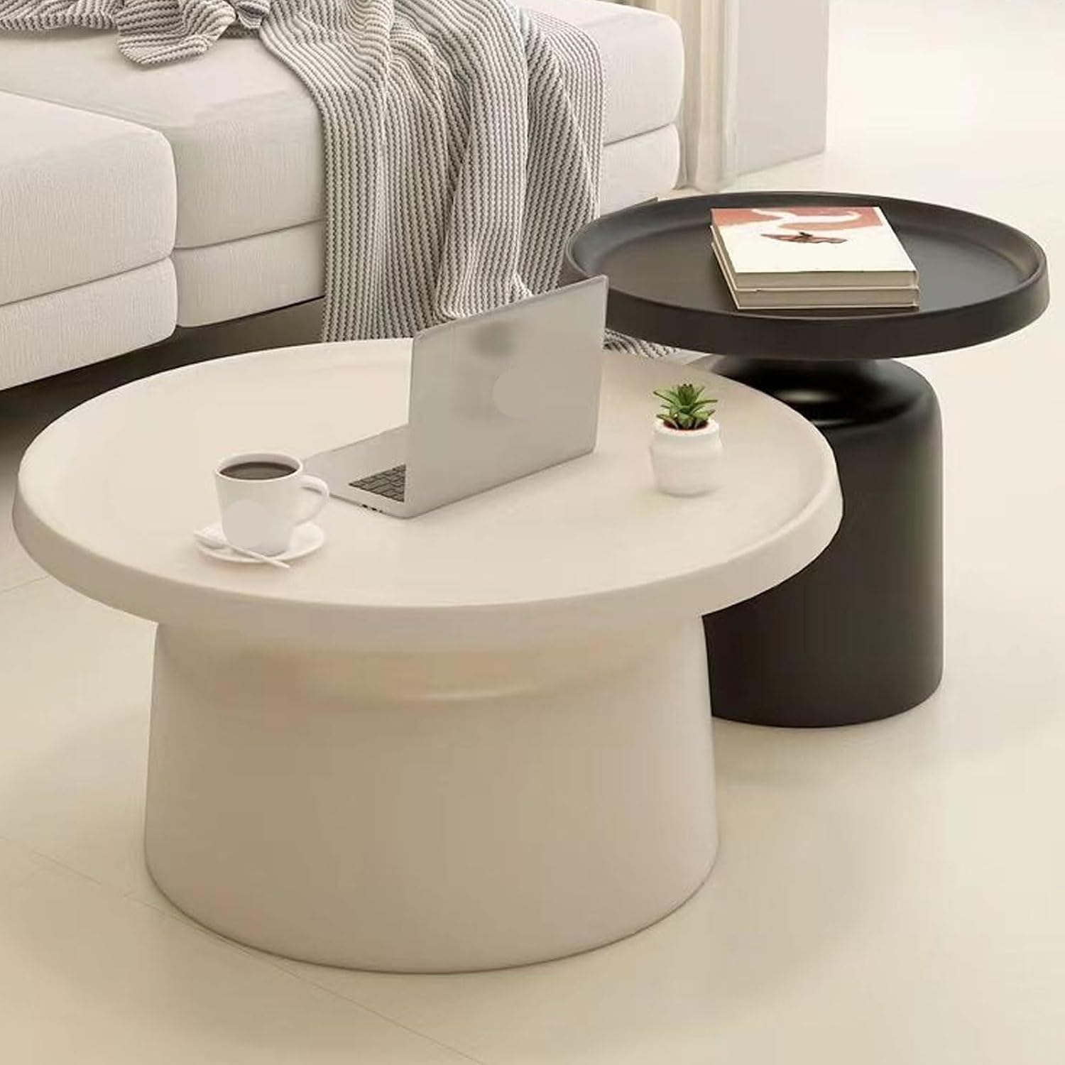 Multicolor Round Coffee Table for Living Room Sofa Side Table and Balcony Accent Curved Edge Design Bottom Shelf Multi Scenario Use(Gray,70x40x45cm)