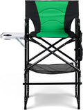 OmySalon 31" Extra Tall Director Chair w/Side Table, Heavy-Duty Steel Frame Portable Folding Bar Stool w/Storage Pockets, for Makeup Artist, Salon, Studio, Camping, 300 lbs Capacity (Green)