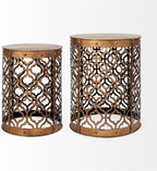 Pemberly Row Gold Cylindrical Metal Accent Tables, Set of 2, 16x15 in, Antique Finish, Moroccan-Inspired Lattice Design, Nesting Versatile Living Room or Home Décor Tables