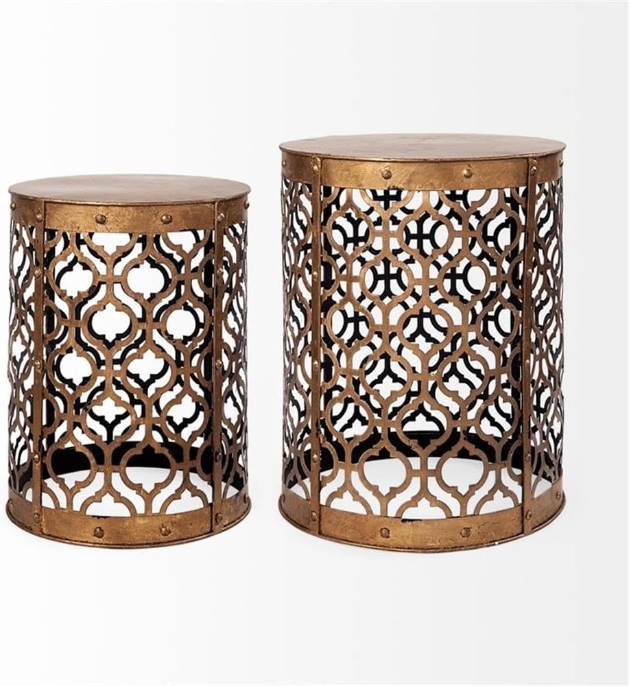 Pemberly Row Gold Cylindrical Metal Accent Tables, Set of 2, 16x15 in, Antique Finish, Moroccan-Inspired Lattice Design, Nesting Versatile Living Room or Home Décor Tables