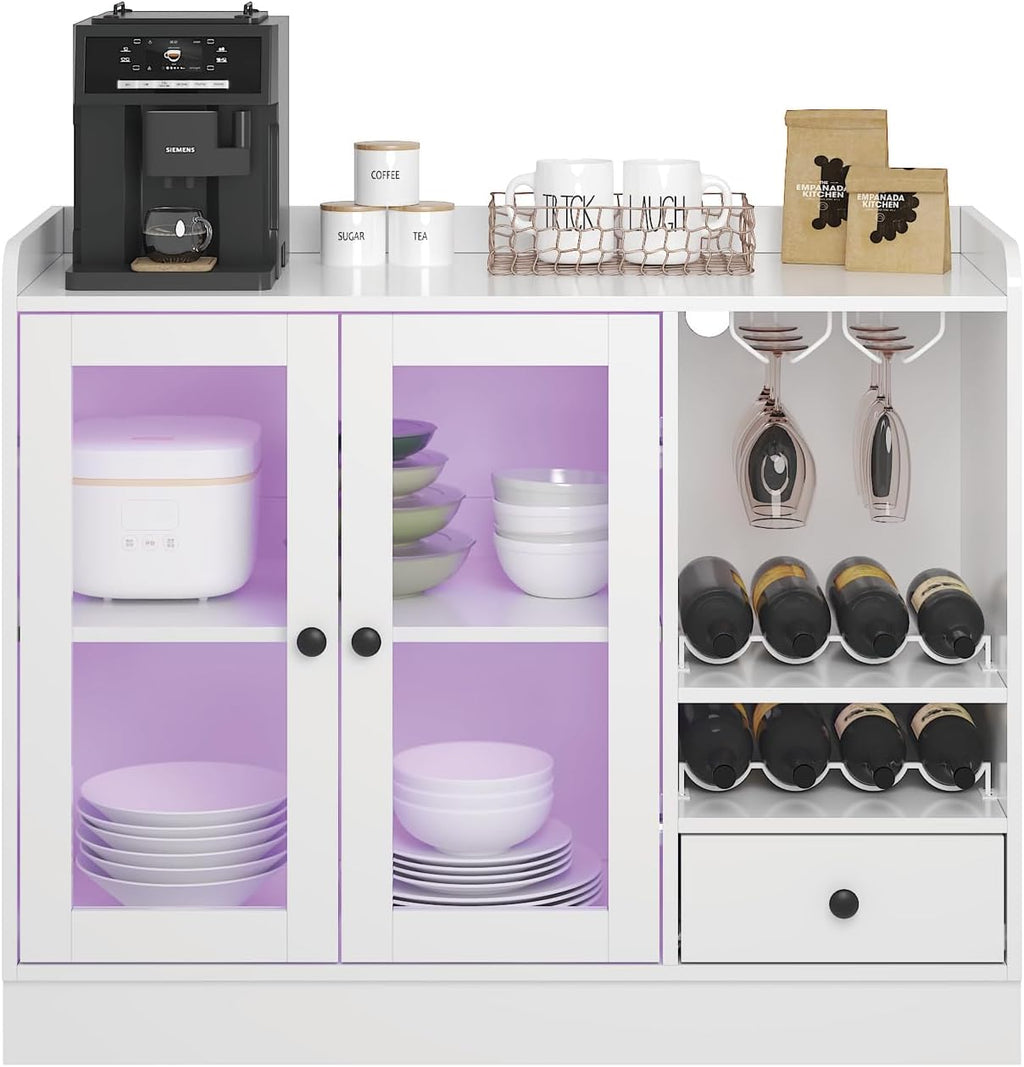 HedoAjim Wine Bar Cabinet with Tempered Acrylic Door & Rack, Freestanding Buffet Sideboard with Glass Holder, Coffee Bar Cabinet for Home Kitchen Living Dining Room, Drawers, Large, LED Lights(White)
