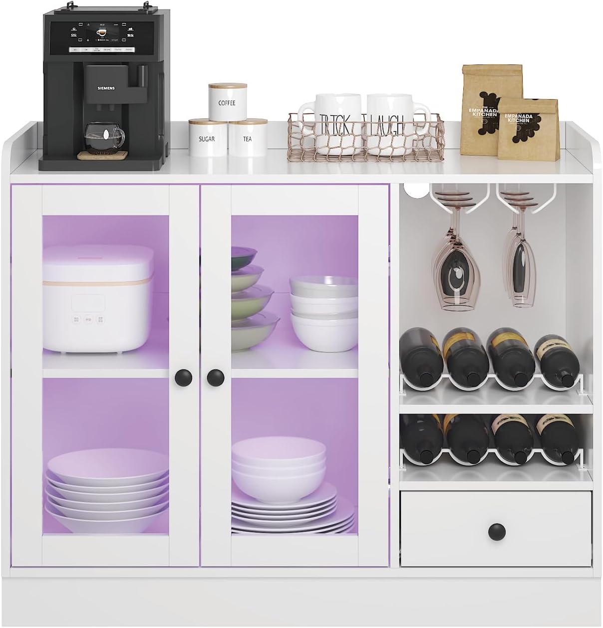 HedoAjim Wine Bar Cabinet with Tempered Acrylic Door & Rack, Freestanding Buffet Sideboard with Glass Holder, Coffee Bar Cabinet for Home Kitchen Living Dining Room, Drawers, Large, LED Lights(White)