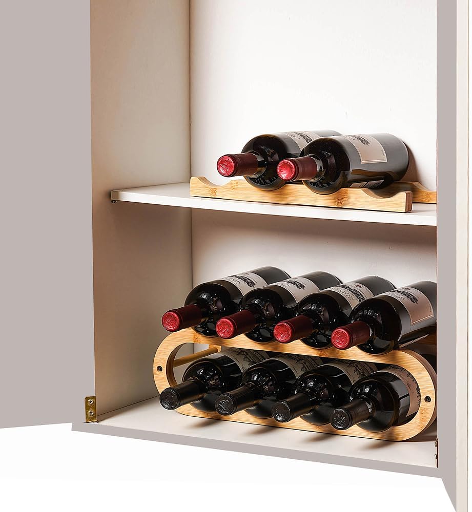 Wine Rack for Cabinet and Countertop - Adjustable in 2 Sizes - 3 Pack (2 Tier + 1 Tier+1 Tier) (Bamboo, Natural)
