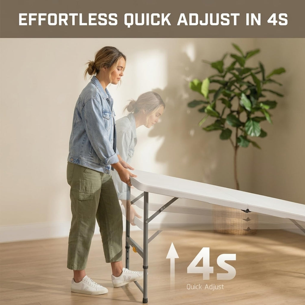 4FT Folding Table with One Press Adjustable Height,Fold in Half Portable Card Table with Carry Handle&Locking Steel Legs,Heavy Duty Plastic Utility Table for Party,Picnic,Camping Indoor Outdoor,White