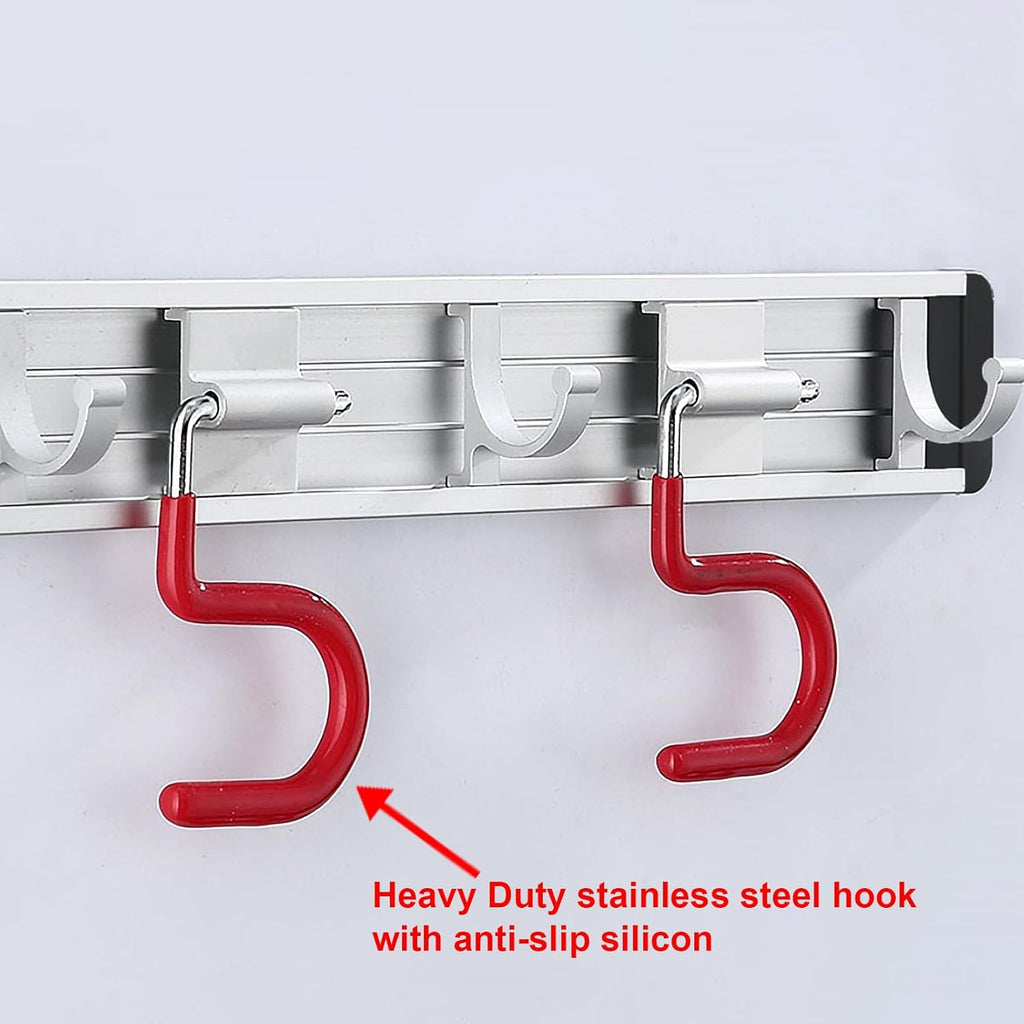 Wall Mounted Mop and Broom Holder Stainless Steel S Type Broom Rack Anti-Slip Mop Organizer (17 Inches,4 Positions 3 Hooks, Red White)