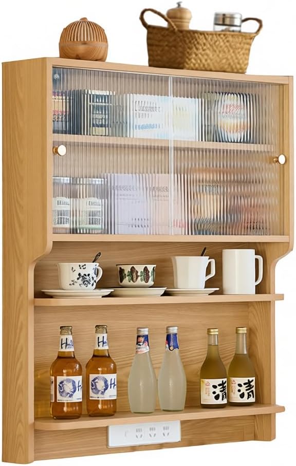 Wood Wall Mounted Pantry Cabinet with Doors, 4-Tier Kitchen Cabinet & Coffee Bar Storage for Dining Room, Living Room