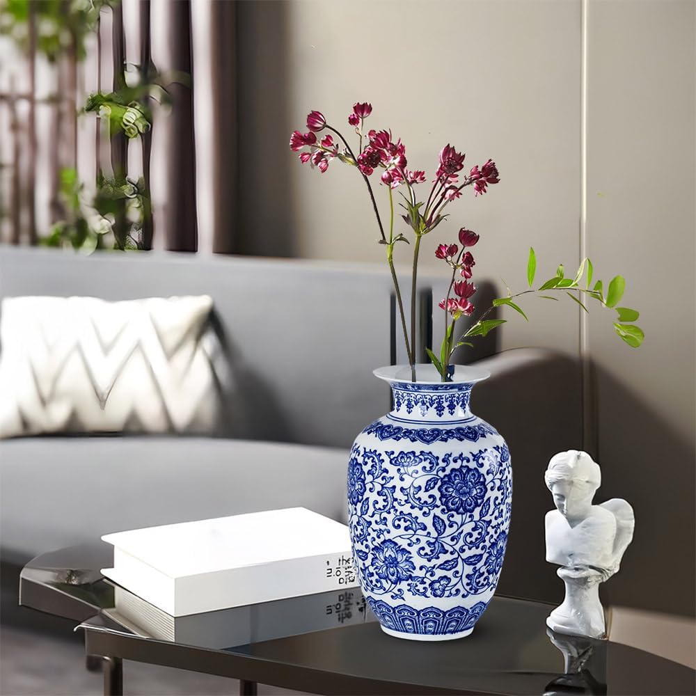 Qinlang 9 in Small Ceramic Vases for Flowers, Blue and White Flower Vase for Centerpieces - Lotus Pattern