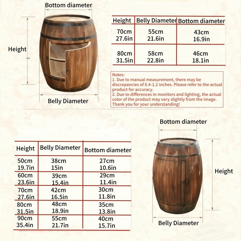 Wooden Barrel Table, Freestanding Whiskey Cabinet with Storage Shelves, Rustic Wine Barrel Decor for Home Bar(19.7x15in)