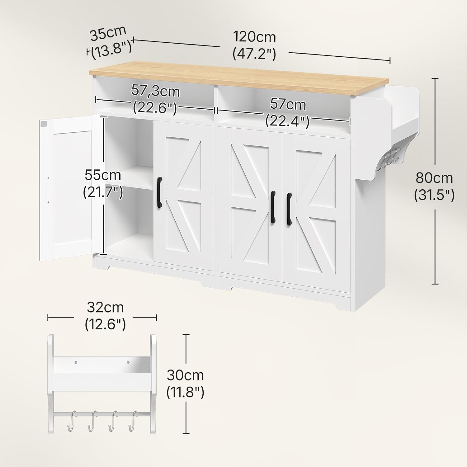 YATINEY Coffee Bar Cabinet, Kitchen Island with Storage, Farmhouse Sideboard Buffet Cabinet with Dual-Purpose Floating Shelf and Hooks, for Restaurant, Living Room, White and Natural KF32WN
