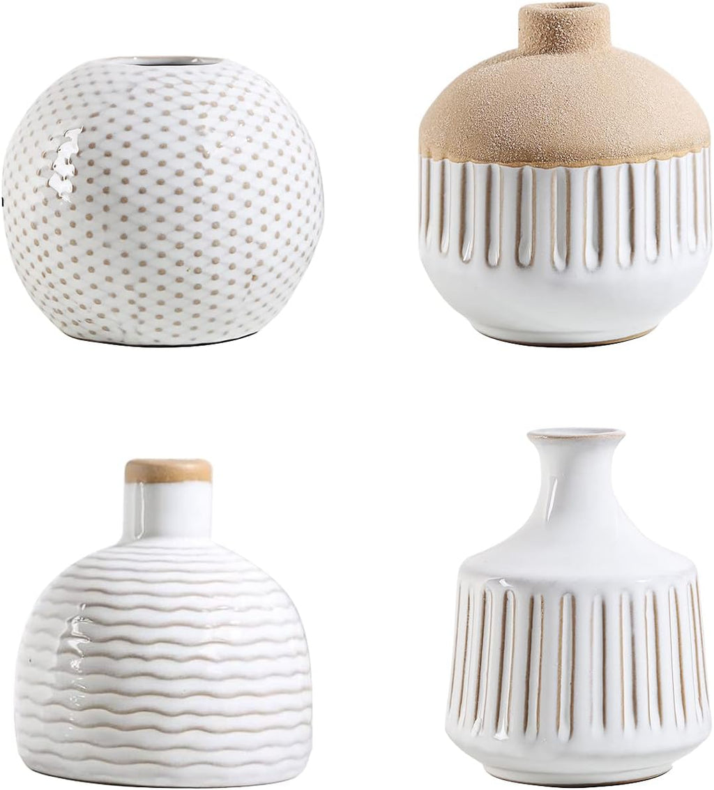 Boho Minimalist Small Ceramic Vase Set of 4 for Bedroom Living Room Office Fireplace Centerpiece Antique White Vintage Farmhouse Rustic Retro Flower Vases Home Decor Gift for Fake Plants