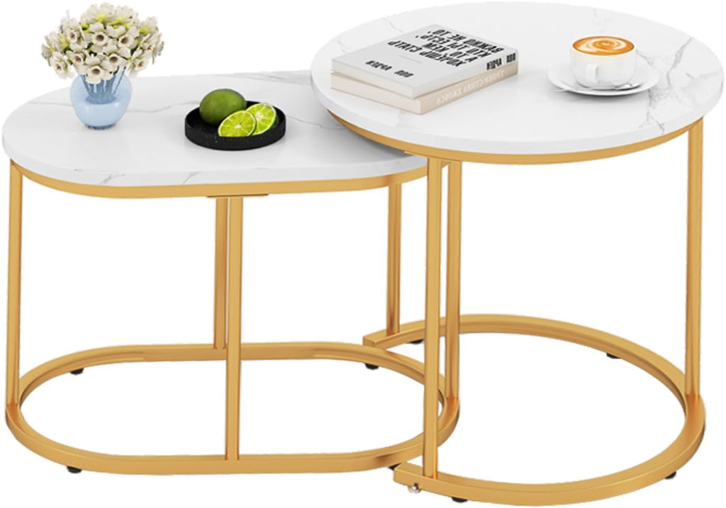 CASART Set of 2 Nesting Tables, Faux Marble Stacking Sofa Side Tables 2PCS Round Coffee Table, Wooden Top & Steel Frame, Space Saving Accent Tea Tables for Living Room Bedroom Office (Marble+Golden)
