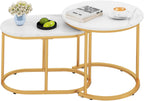 CASART Set of 2 Nesting Tables, Faux Marble Stacking Sofa Side Tables 2PCS Round Coffee Table, Wooden Top & Steel Frame, Space Saving Accent Tea Tables for Living Room Bedroom Office (Marble+Golden)