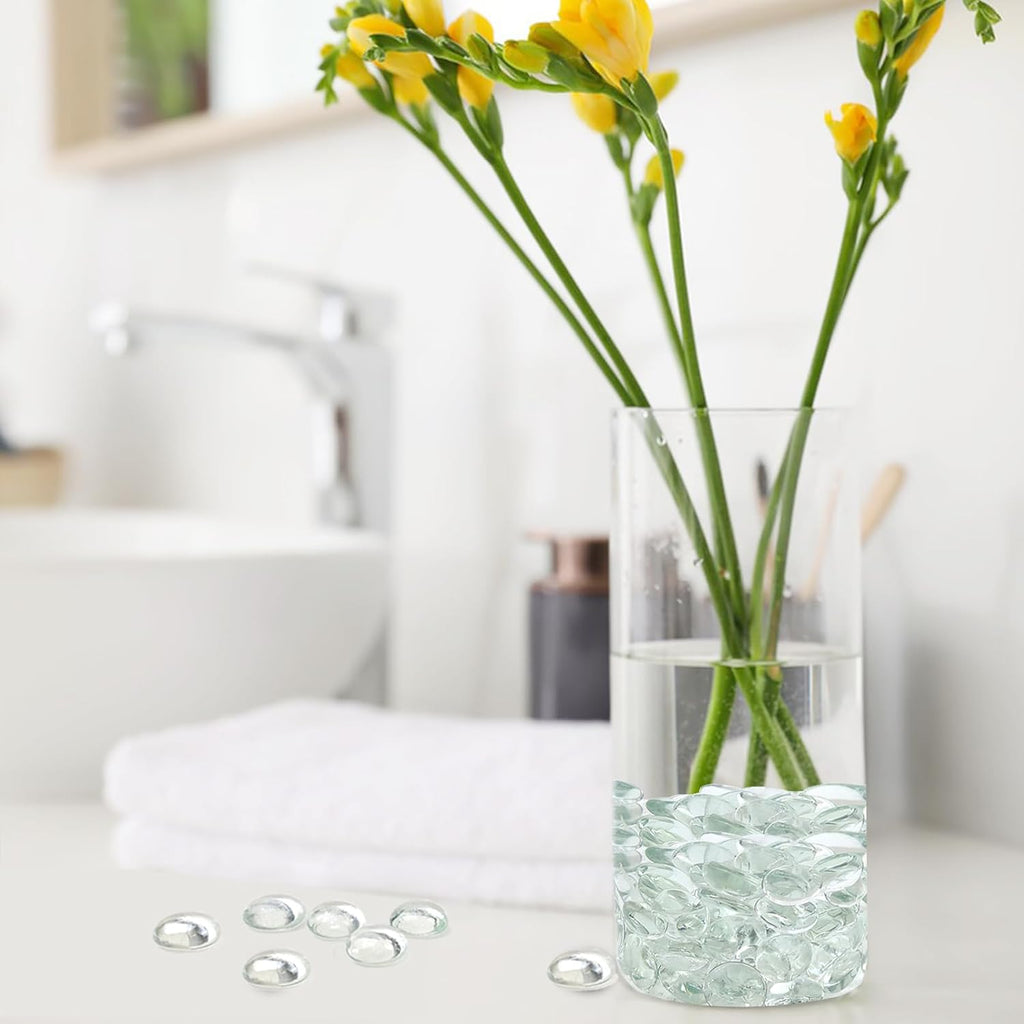 FANTIAN 1lb Clear Glass Beads for Vases, 100 Pcs Glass Pebbles, Clear Flat Glass Marbles for Vase Filler Flower Candle Crafts Centerpieces and Wedding Decoration