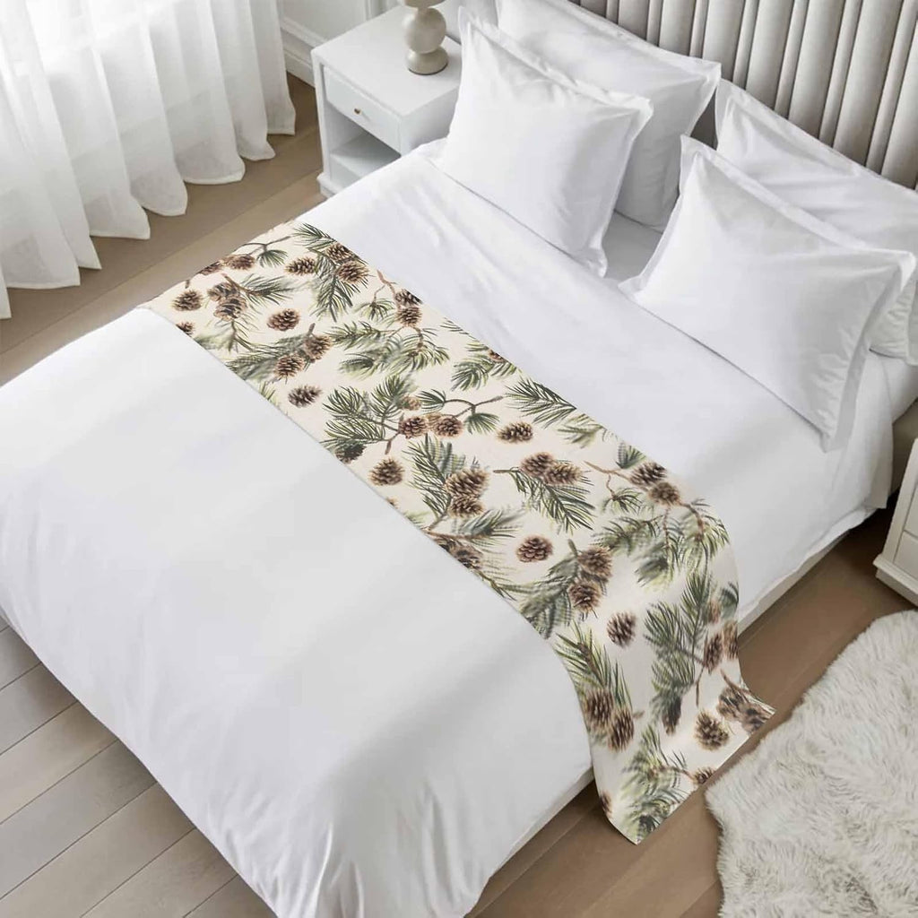 Yukro Brown Pine Cones Bed Runner Scarf, Green Leaves Branch Vintage Linen Twin Bed Scarf Runner, No Fading Decorative Bedding Scarf for Bedroom Hotels Homes and Guestrooms