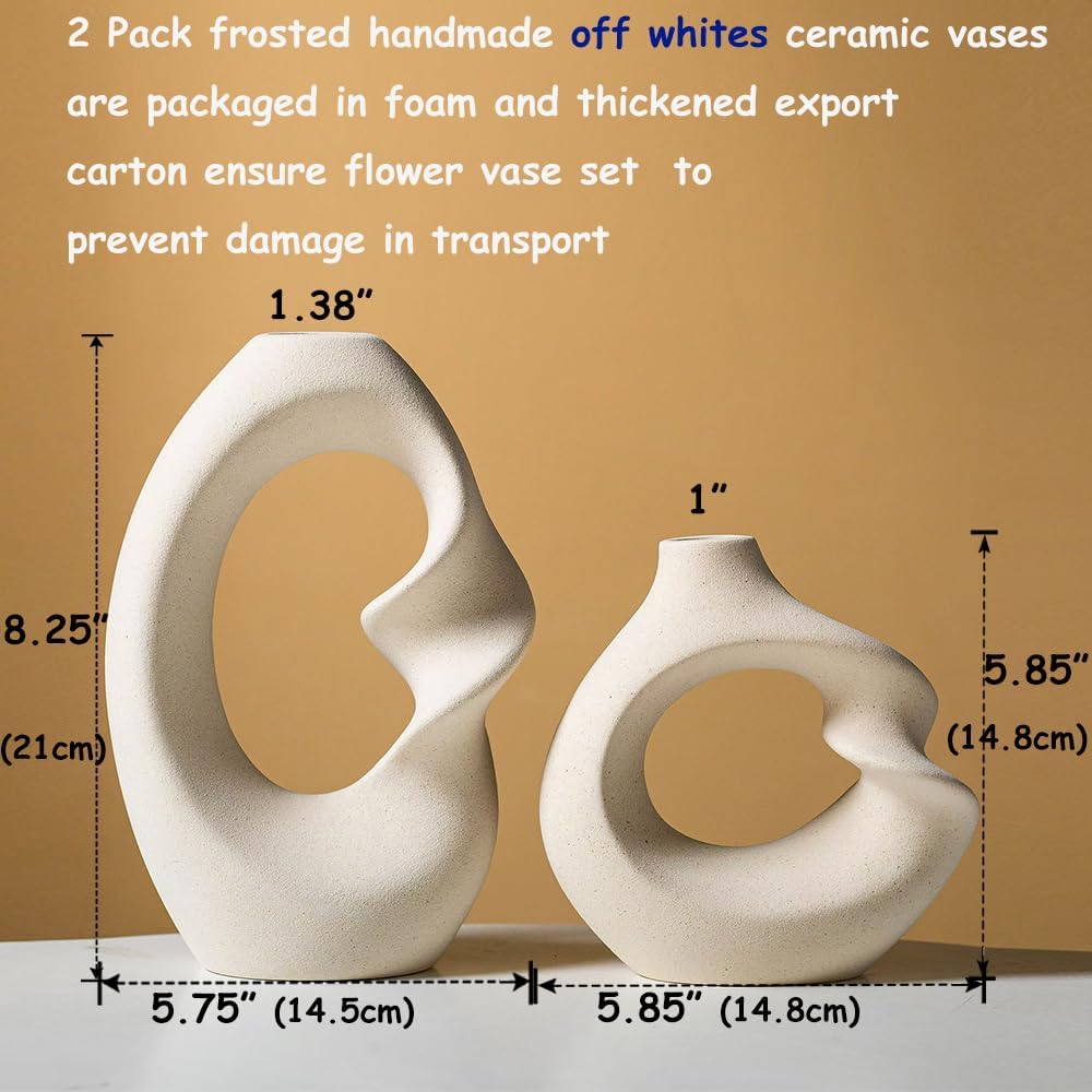 Modern White vase Set of 2,Pampas Grass Ceramic vases for Wedding Party,Aesthetic Flower Vase for Home Decor,Kitchen Tables,Living Room,Bedroom,Console,Wooden Shelf,Office,Coffee Decoration(2 Pcs)