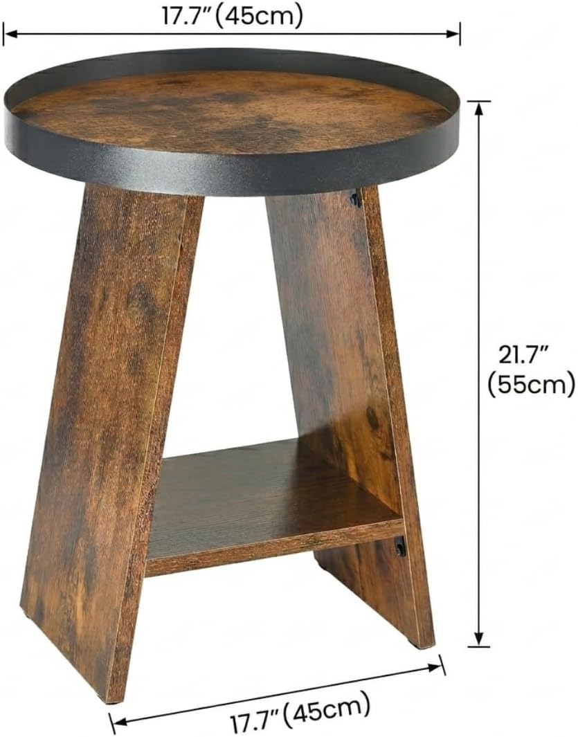 Round End Table with Tray Top, 2-Tier Rustic Side Table with Storage Shelf, Modern Farmhouse Industrial Wood Nightstand for Living Room, Bedroom, Small Spaces (Rustic Brown)