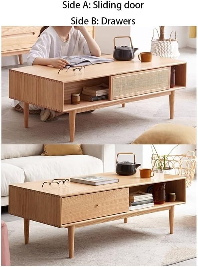 Dual-Sided Storage Coffee Table Sliding Door Drawer Light Finish Small Side Table