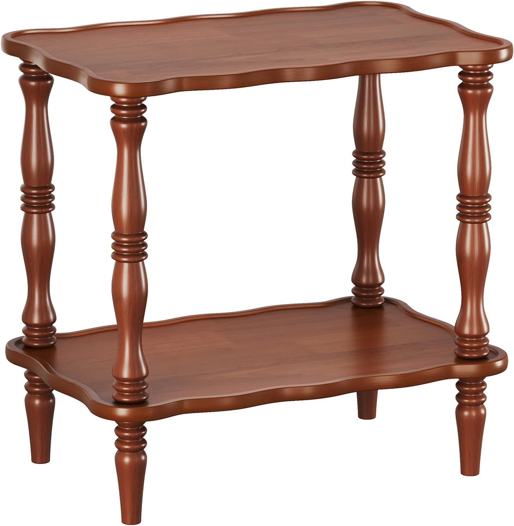 Solid Wood End Table Living Room - 23.6" H Small Narrow Rectangle End Table Wooden, Dark Real Wood Vintage Antique Brown Side Bedside Table Nightstand for Small Spaces with Open Storage Shelf