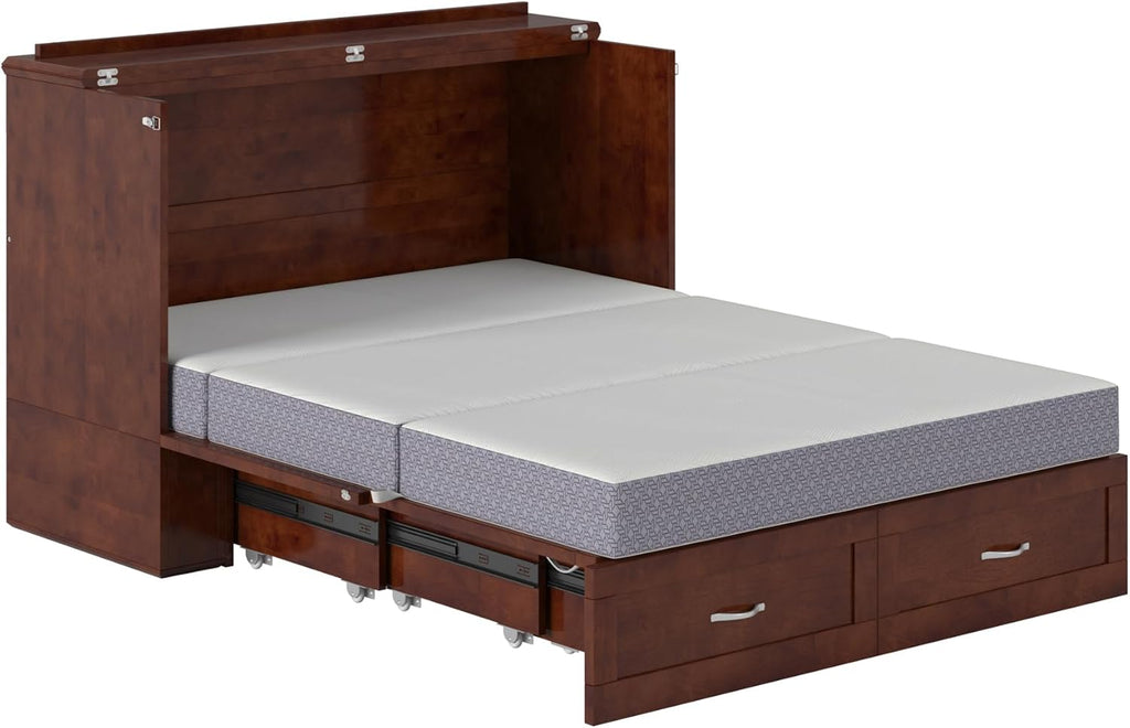AFI Hamilton Full Murphy Bed Chest with Mattress, Storage, and Built-in Charger in Walnut
