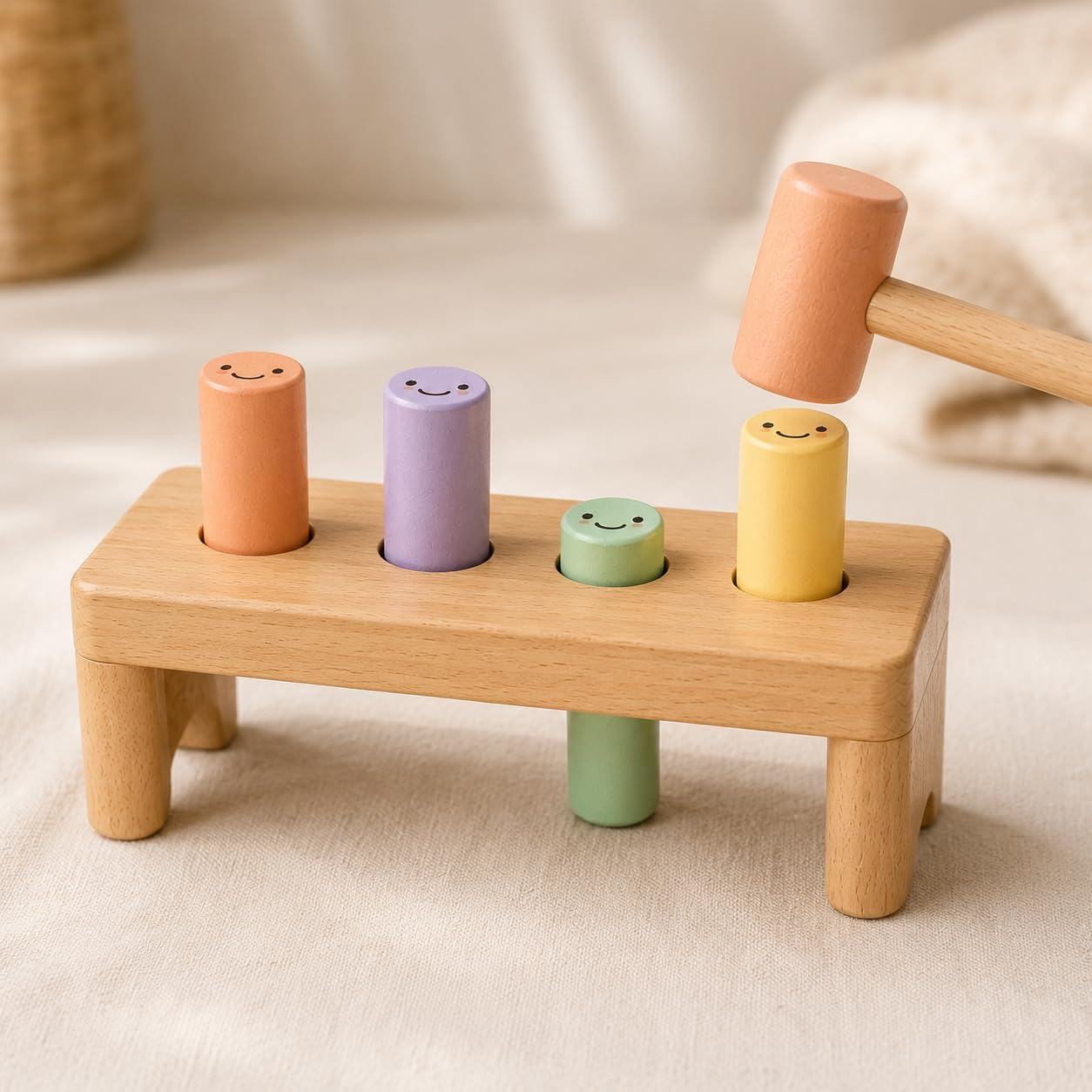 Juju Wooden Peg Bench Nursery Decor – Natural Beechwood Frame with 4 Sherbet Pastel Smiley Pegs and Matching Mallet – Tap-Through and Flip-to-Reset Design – Soft Satin Wood Shelf Accent