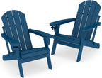 Folding Adirondack Chairs Set of 2，HDPE，Fire Pit Chair with Cup Holder,Blue