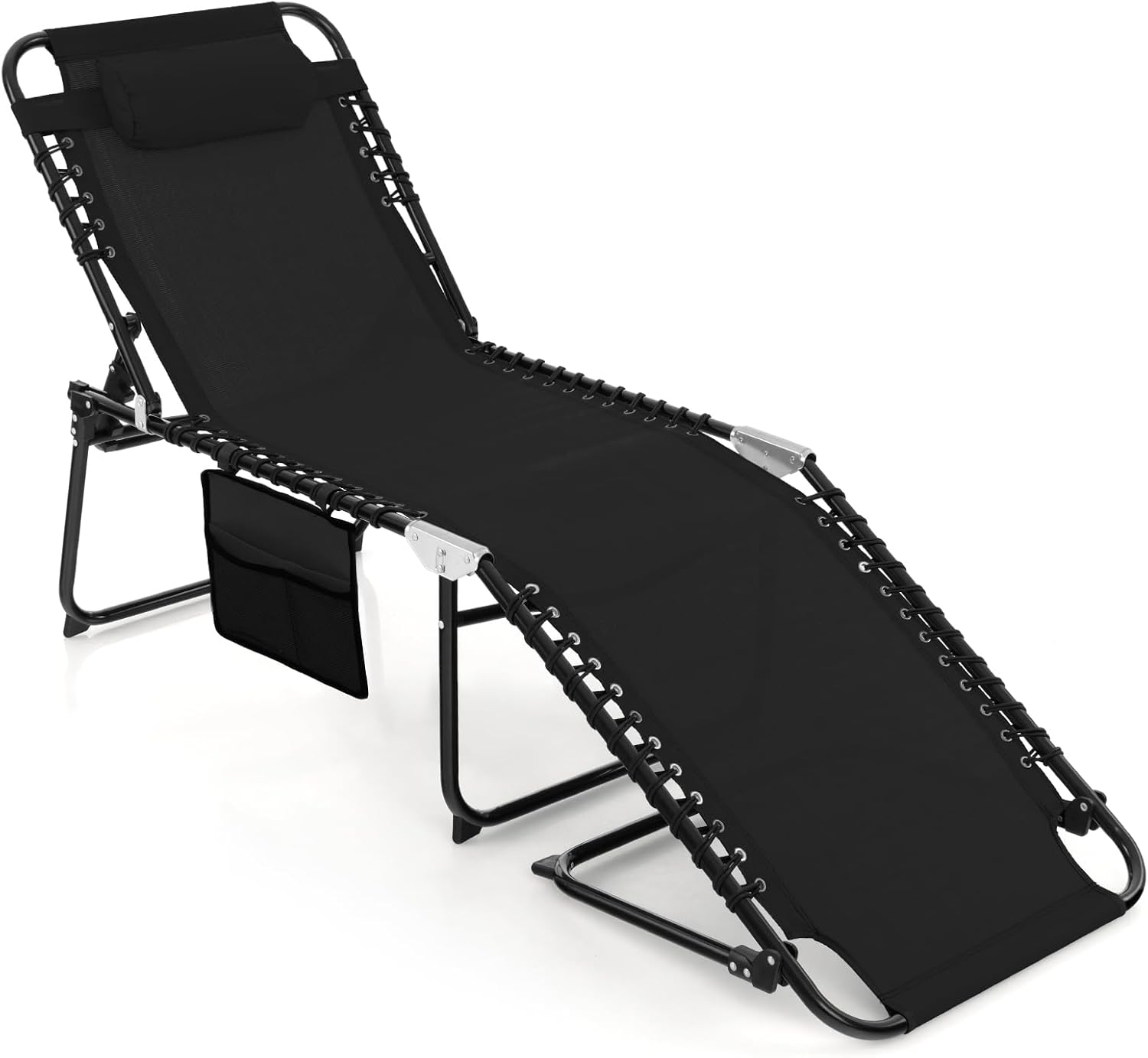 Tangkula Beach Lounge Chair for Outside, Folding Chaise Lounge Outdoor with 4-Position Backrest, Removable Headrest and Side Pocket, Portable Sunbathing Tanning Chair for Patio, Poolside (1, Black)