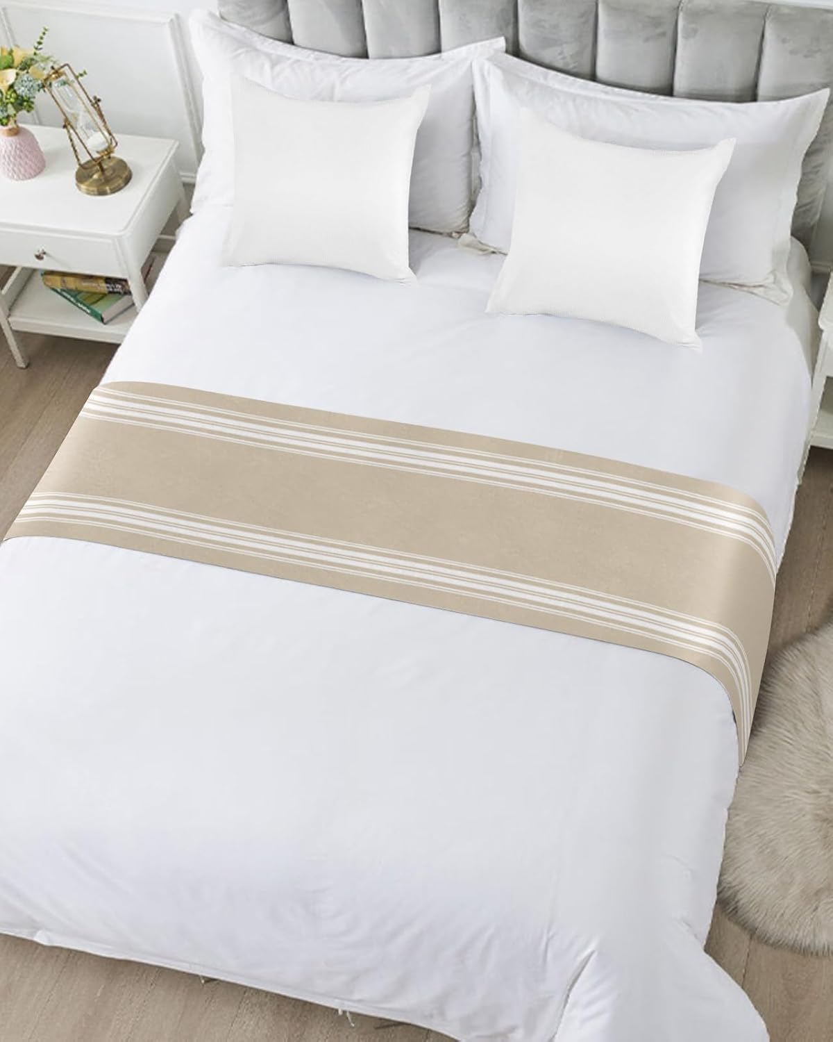 Bed Runner for Cal.King Size Bed, Beige Striped Bed Scarf Throws for Foot of Bed, Farmhouse Luxurious White Stripes Modern Abstract Art Bedding Protector Bed Runners for Hotel/Home, 102 x 20 Inch