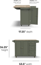 Homestyles Mobile Kitchen Island Cart with Wood Top and Dropleaf Breakfast Bar, 18" D x 53.5" W x 36" H, Green