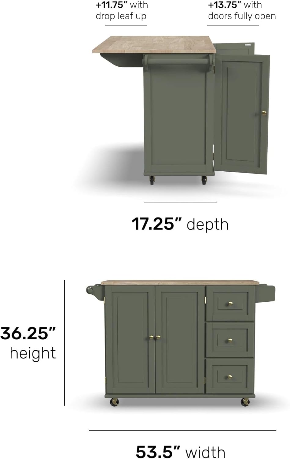 Homestyles Mobile Kitchen Island Cart with Wood Top and Dropleaf Breakfast Bar, 18" D x 53.5" W x 36" H, Green