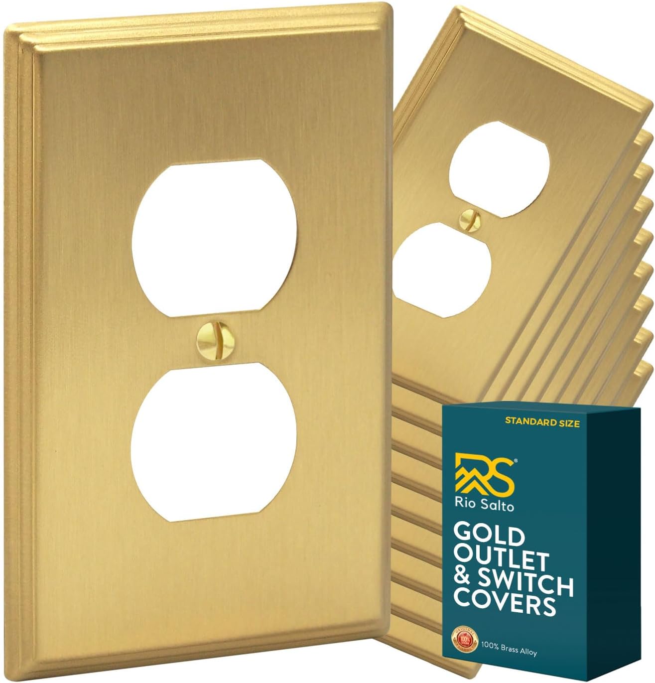 Rio Salto BRASS Brushed Brass Gold Metal Duplex Receptacle Wall Plate Outlet Covers Light Switch Cover Plate – Deco Collection Decorative Wall Plates 10-Pack Standard Size 4.50" X 2.75"