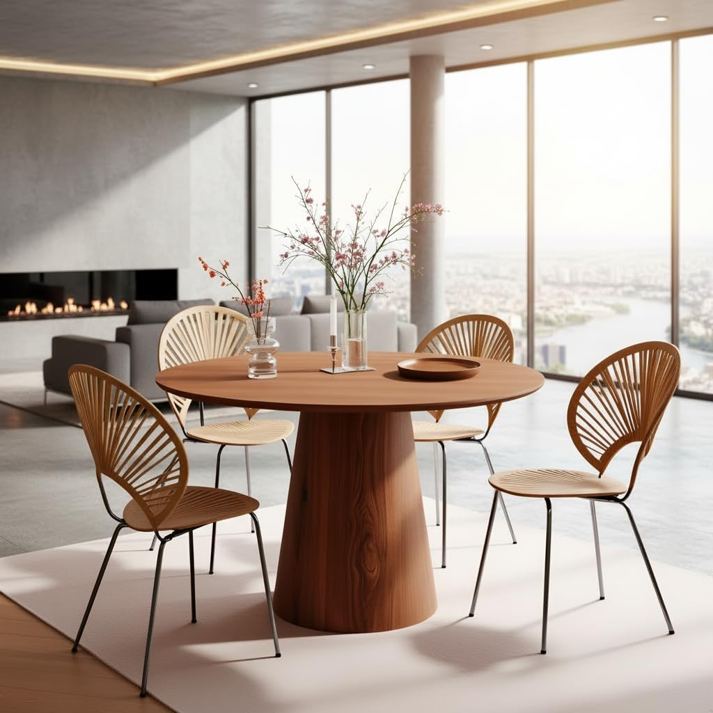 43" Wood Round Dining Table for 2 4 5, Modern Farmhouse Rustic Circle Kitchen Table with Minimalist Circular Pedestal for Dining Room Kitchen, Dinner Living Room, Restaurant Walnut New