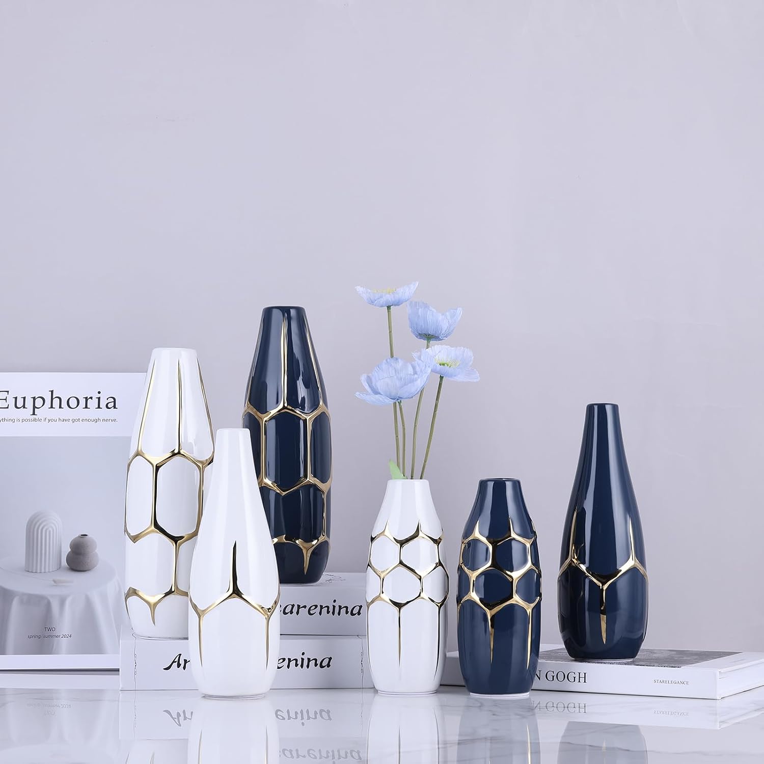 Ceramic Geometric Decorative Vase Set of 3, White and Gold Vases, Modern Home Decor Vases, Suitable for Living Room, Kitchen, Bedroom, Bathroom, Entryway Mantel, and TV Console Decor.