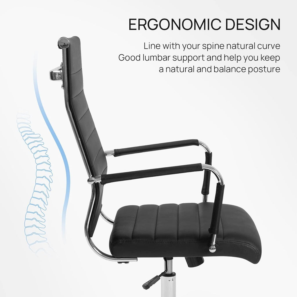 Office Desk Chair with Wheels Set of 8, Ergonomic Black Leather Conference Room Chairs Height Adustable | Ribbed High Back | Swivel Rolling Task Chair, Black