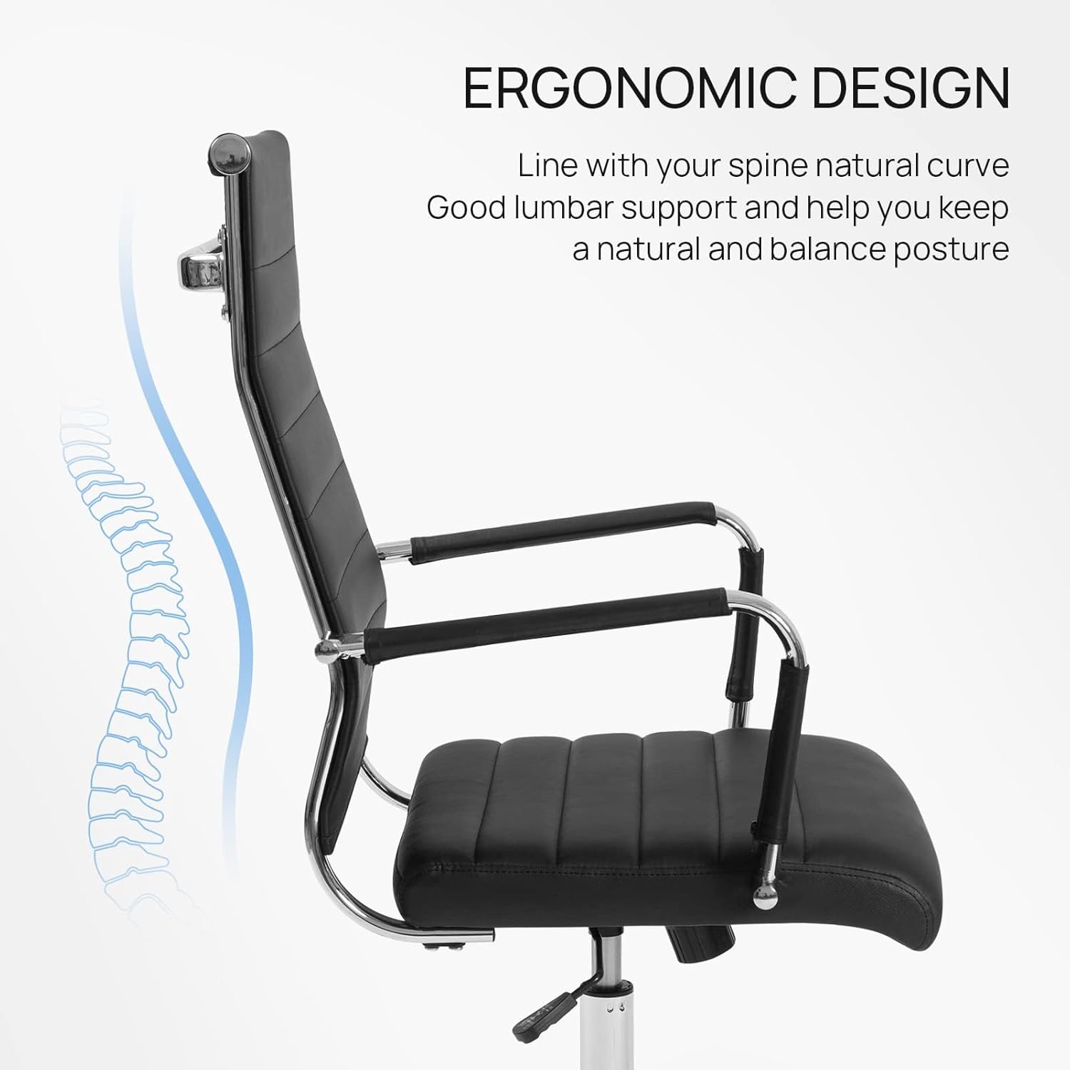 Office Desk Chair with Wheels Set of 8, Ergonomic Black Leather Conference Room Chairs Height Adustable | Ribbed High Back | Swivel Rolling Task Chair, Black