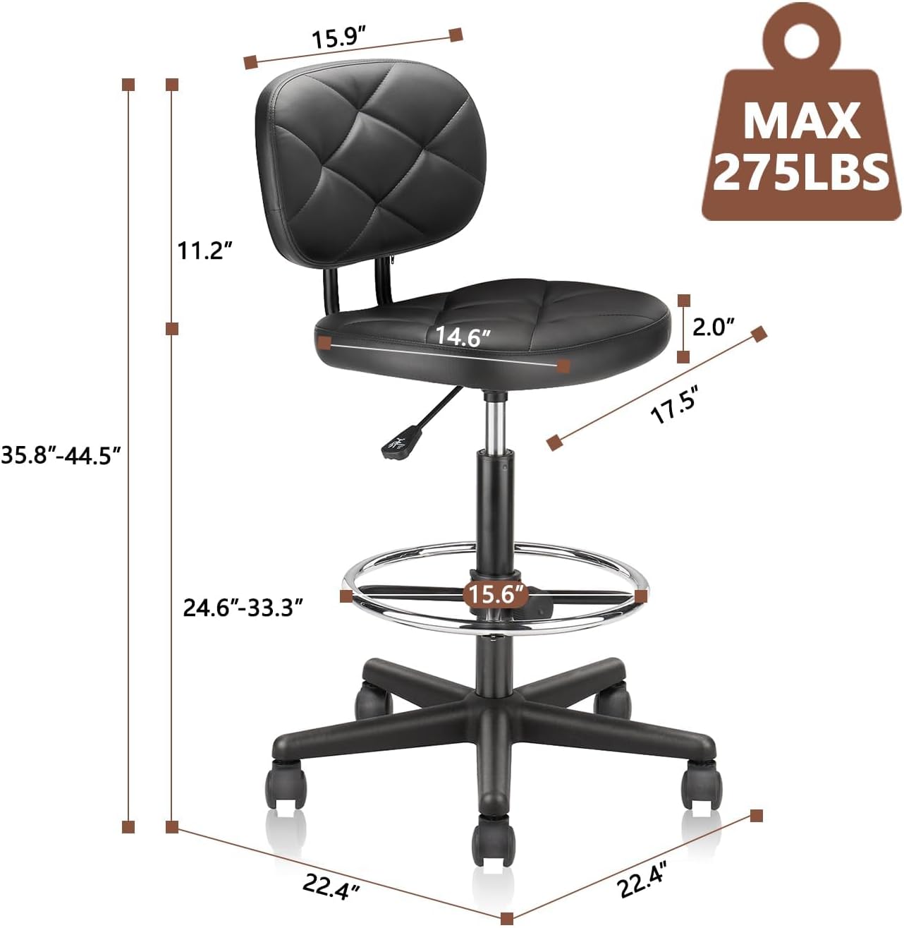 KLASIKA PU Leather Rolling Bar Stool with Wheels and Back, Tall Drafting Stool with Adjustable Height and Footrest, Multi-Purpose Office Desk Chair for Home Kitchen Shop Work, Black (1PK)