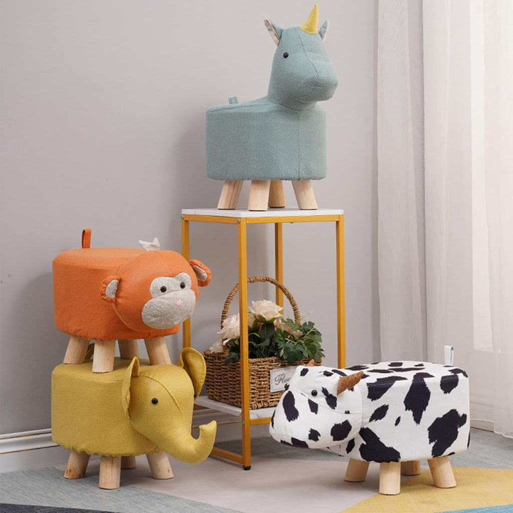 Cute Animal Footstool, Solid Wood Cartoon Stool with Soft Padded Cushion and Non-Slip Feet, Animal Shape Ottoman for Kids, G