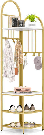 Tangkula Corner Hall Tree, 71 Inch Tall Entryway Coat Rack with Shoe Bench & 4 Storage Shelves, 6 Movable Hooks, Freestanding Metal Corner Clothes Rack for Bedroom Hallway Living Room