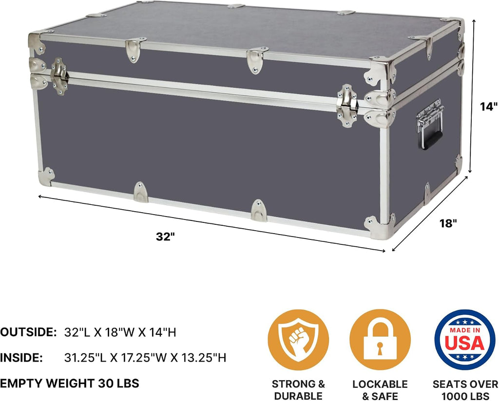 Rhino Trunk & Case Large Essential Trunk With Wheels 32”x18”x14”, 1000+ lbs Capacity - Many Colors. Strong, USA Made Summer Camp Footlocker, and Secure College Dorm Storage Chest