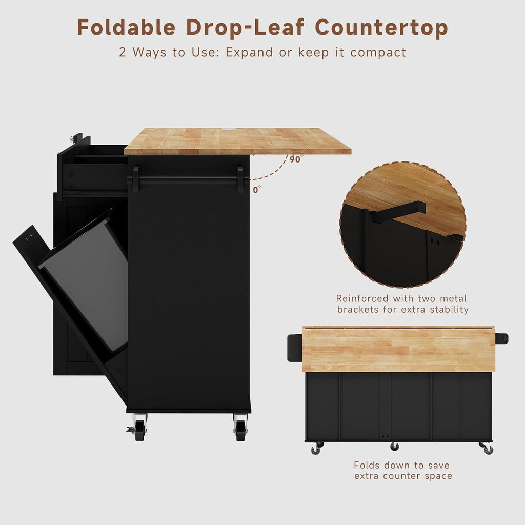 ONBRILL Kitchen Island with Storage, Island Table with Drop Leaf and Power Outlet, Kitchen Island on Wheels with Trash Cabinet, Spice Rack & Towel Rack, Black