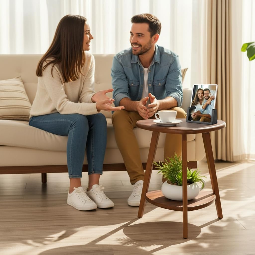 2-Tier Teardrop Shape End Table, Wood Side Table with Storage Shelf, Nightstand for Living Room Bedroom, Mid Century Modern Small Side Tables for Small Spaces, Solid Wood Legs, Walnut Brown