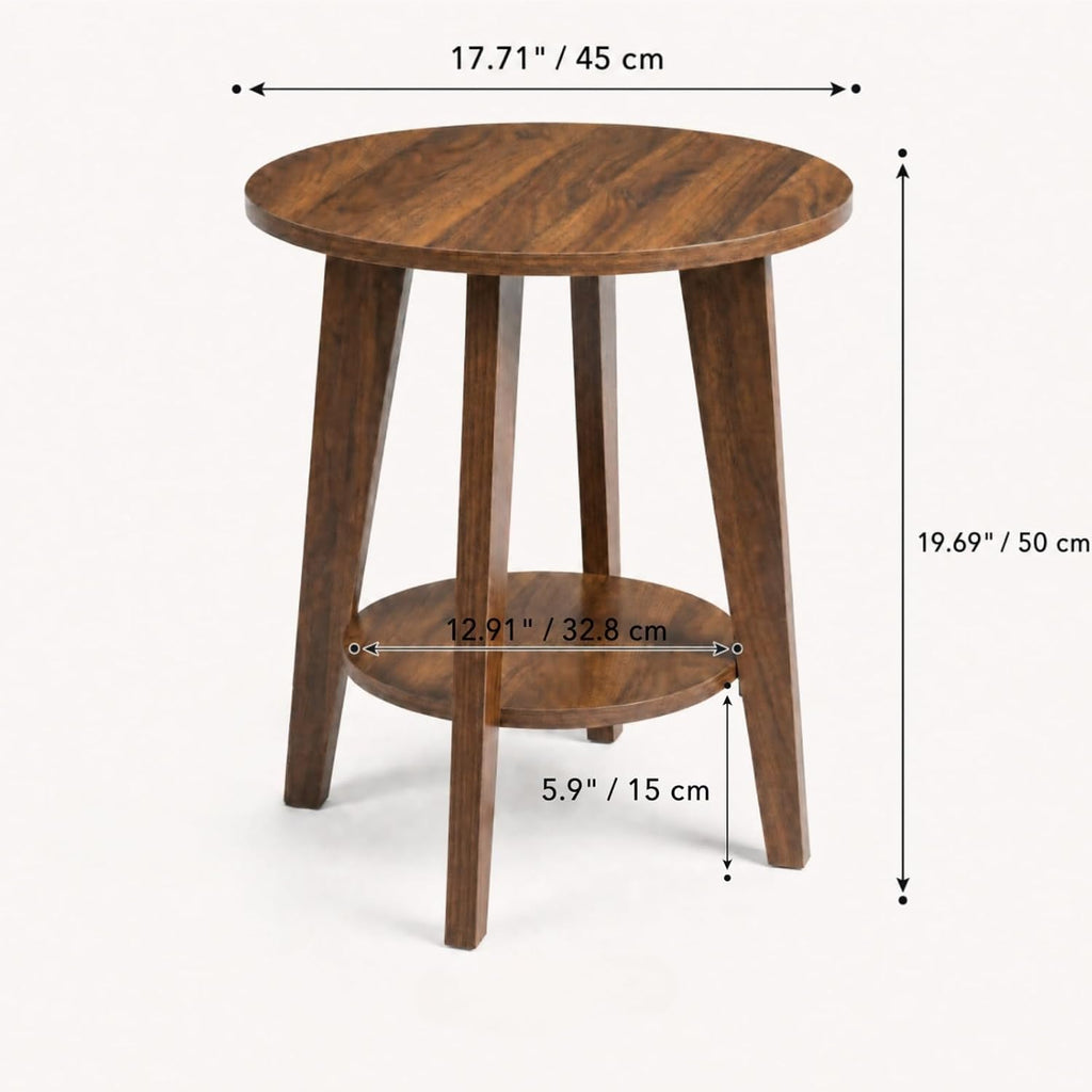 Small Round Side Table-17.7" Cute End Table with 2-Tier Storage-Waterproof Low Nightstand for Kids Room,Nursery,Small Spaces,Plant Stand&Bean Bag(Walnut)