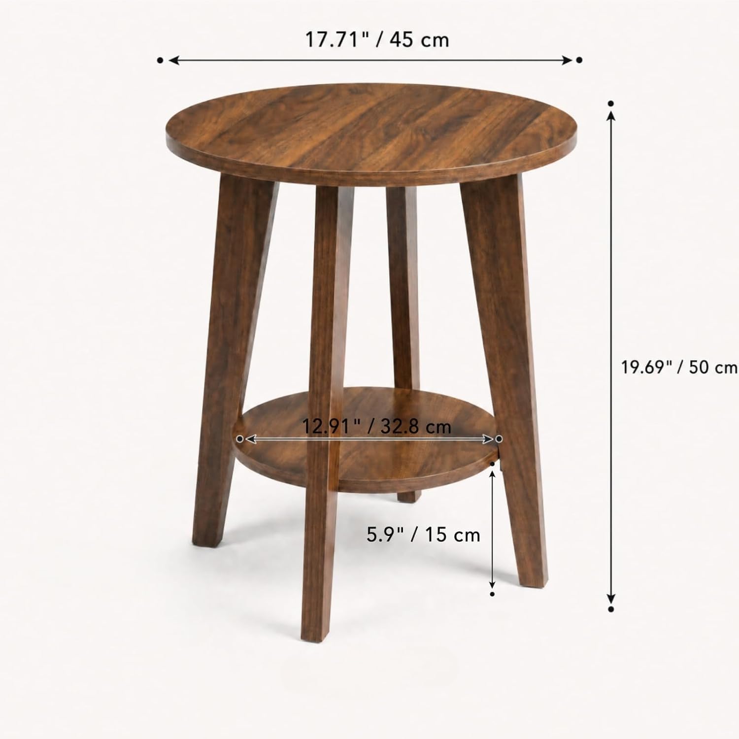 Small Round Side Table-17.7" Cute End Table with 2-Tier Storage-Waterproof Low Nightstand for Kids Room,Nursery,Small Spaces,Plant Stand&Bean Bag(Walnut)