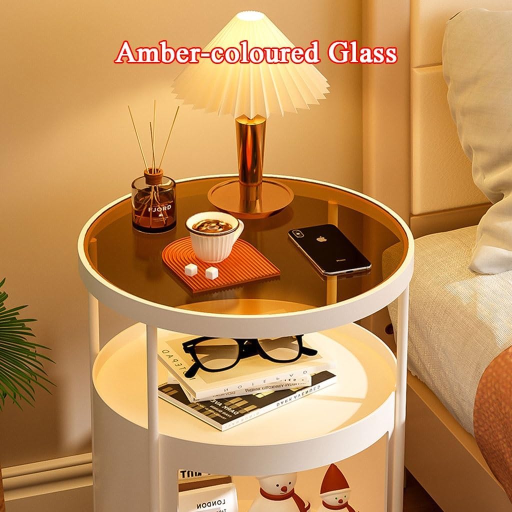 Mobile Glasstop Side Table Living Room End Tables with 3 Tier,Small Corner Table Nightstand for Bedroom,Modern Coffee Table for Small Space(White,C)