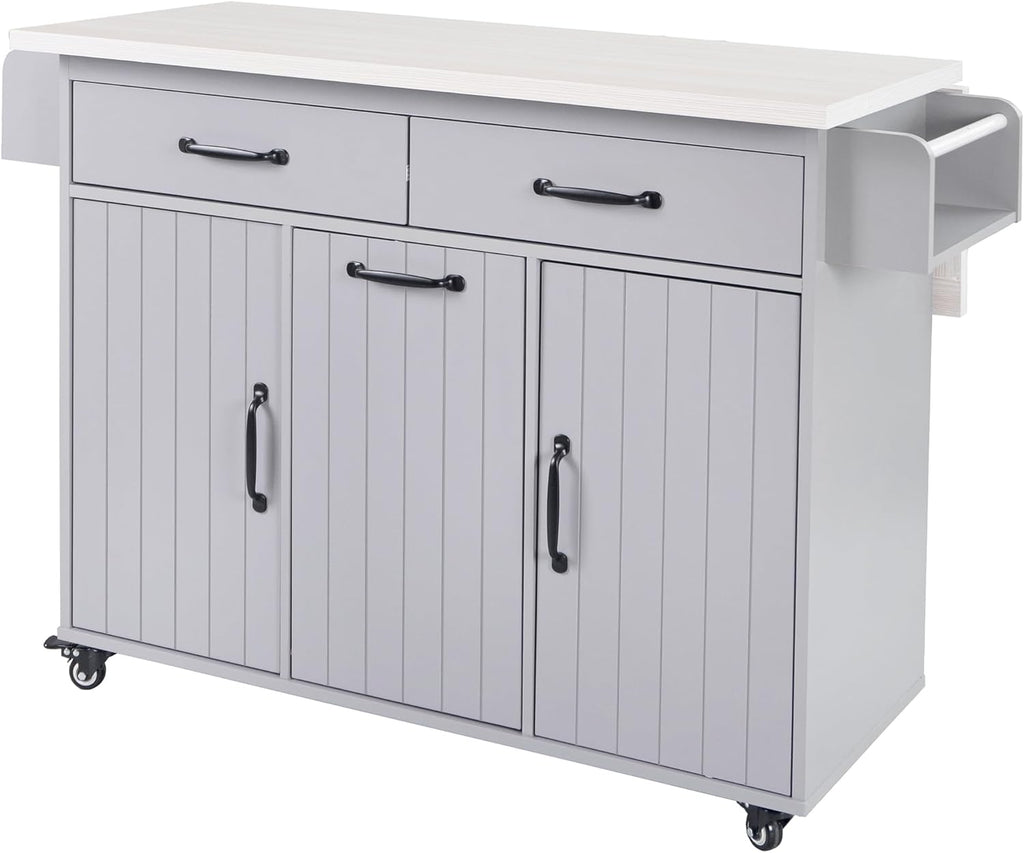 Ball & Cast Kitchen Island with Trash Can Storage Cabinet,Kitchen Cart W/Drop Leaf,Spice Rack,Towel Rack and Drawers,Rolling Kitchen Islands on Wheels W/Adjustable Shelf for Dining Room,Grey