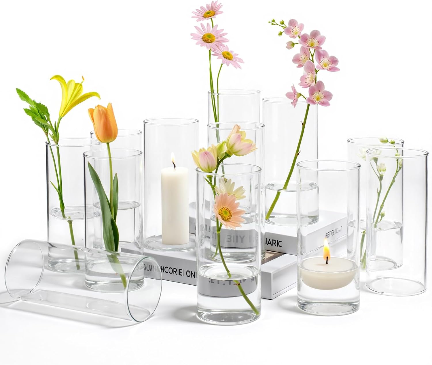 12 Cylinder Glass Vases 7.8" H, Tall Clear Hurricane Flower Vase Bulk for Weddings, Floating Candles, Table Decor, Events, Home Decoration