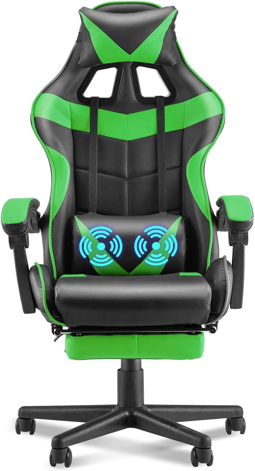Huracan Gaming Computer Chair with Footrest, Adjustable Video Game Chairs for Adults, Heavy Duty Office Chair with Headrest and Lumbar Support, Green