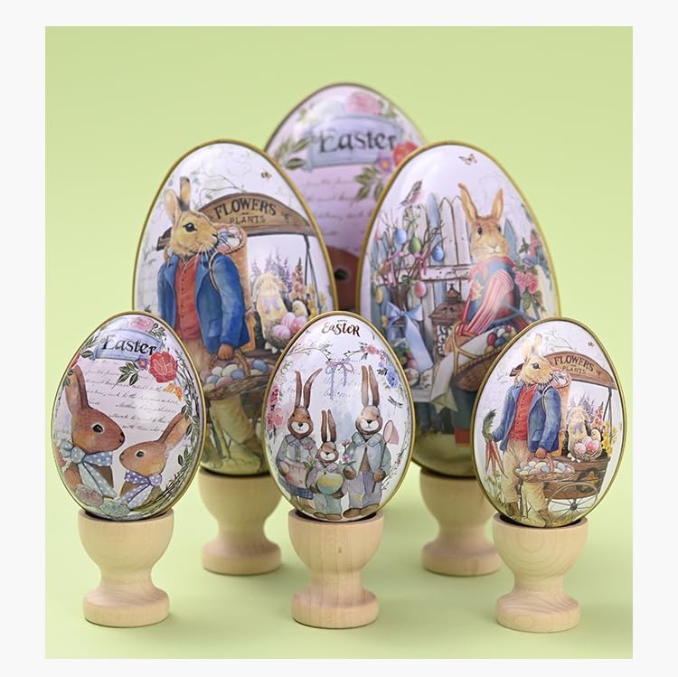 4.9" Oversized Easter Egg Tin - Vintage Bunny Gardener Metal Gift Box, Large Flower Market Themed Treat Container for Egg Hunt & Spring Decor