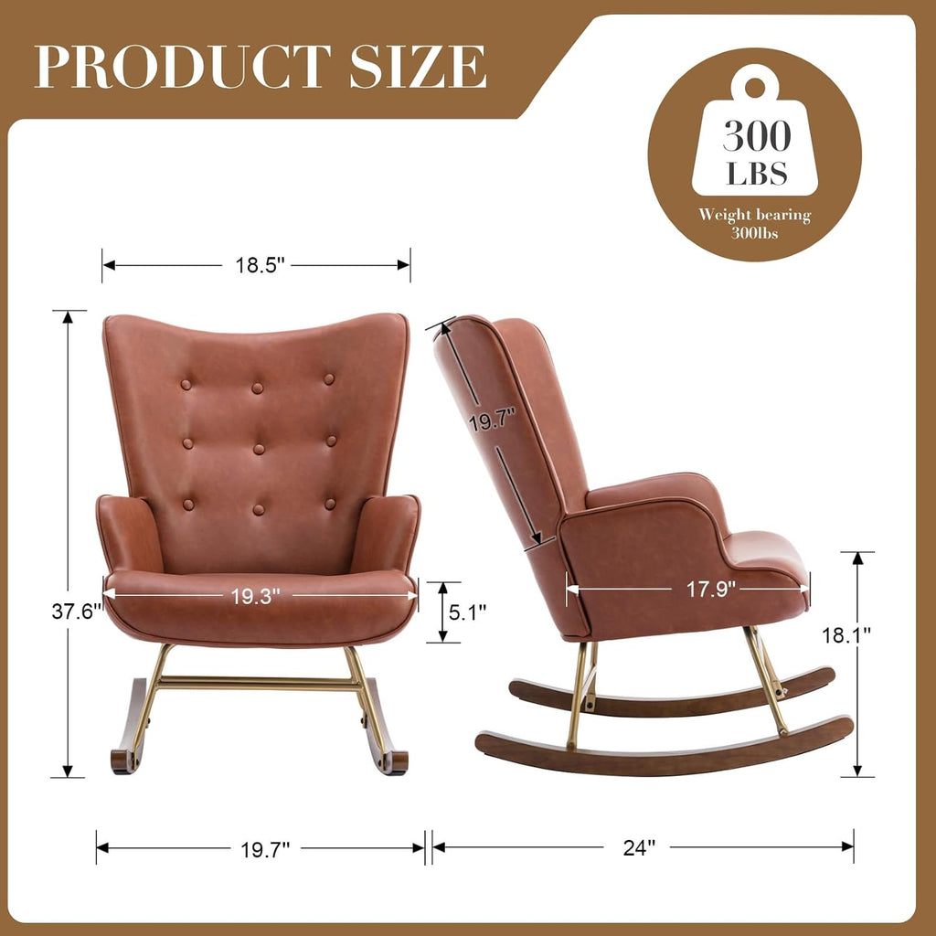 CIMOTA Nursery Rocking Chair, Faux Leather Upholstered Glider Chair with High Wingback, Nursery Rocker with Solid Wood & Metal Frame, Comfy Lounge Accent Chair for Living Room/Bedroom/Nursery, Brown